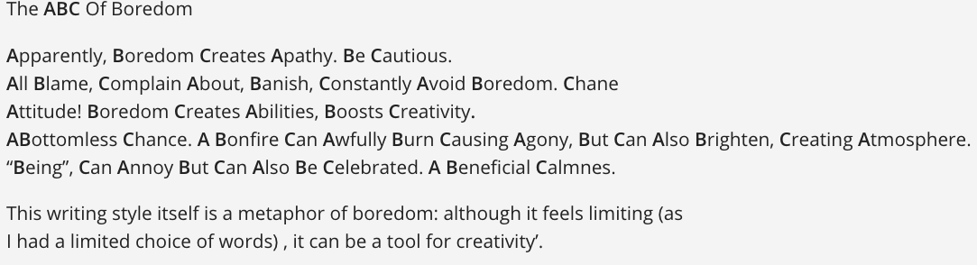 Figure 3: The ABC of Boredom.“Selfies Under Quarantine: Students Report Back to Rome (Episode 2),” Elena Santoro, April 16, 2020, released under CC BY-NC-SA-4.0.
