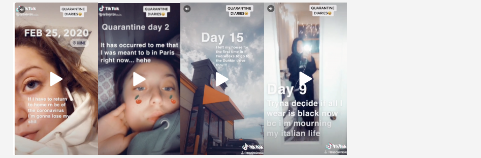 Figure 4: TikTok Screenshots. “Selfies Under Quarantine: Students Report Back to Rome (Episode 3),” Sophia Vivolo, April 23, 2020, released under CC BY-NC-SA-4.0.