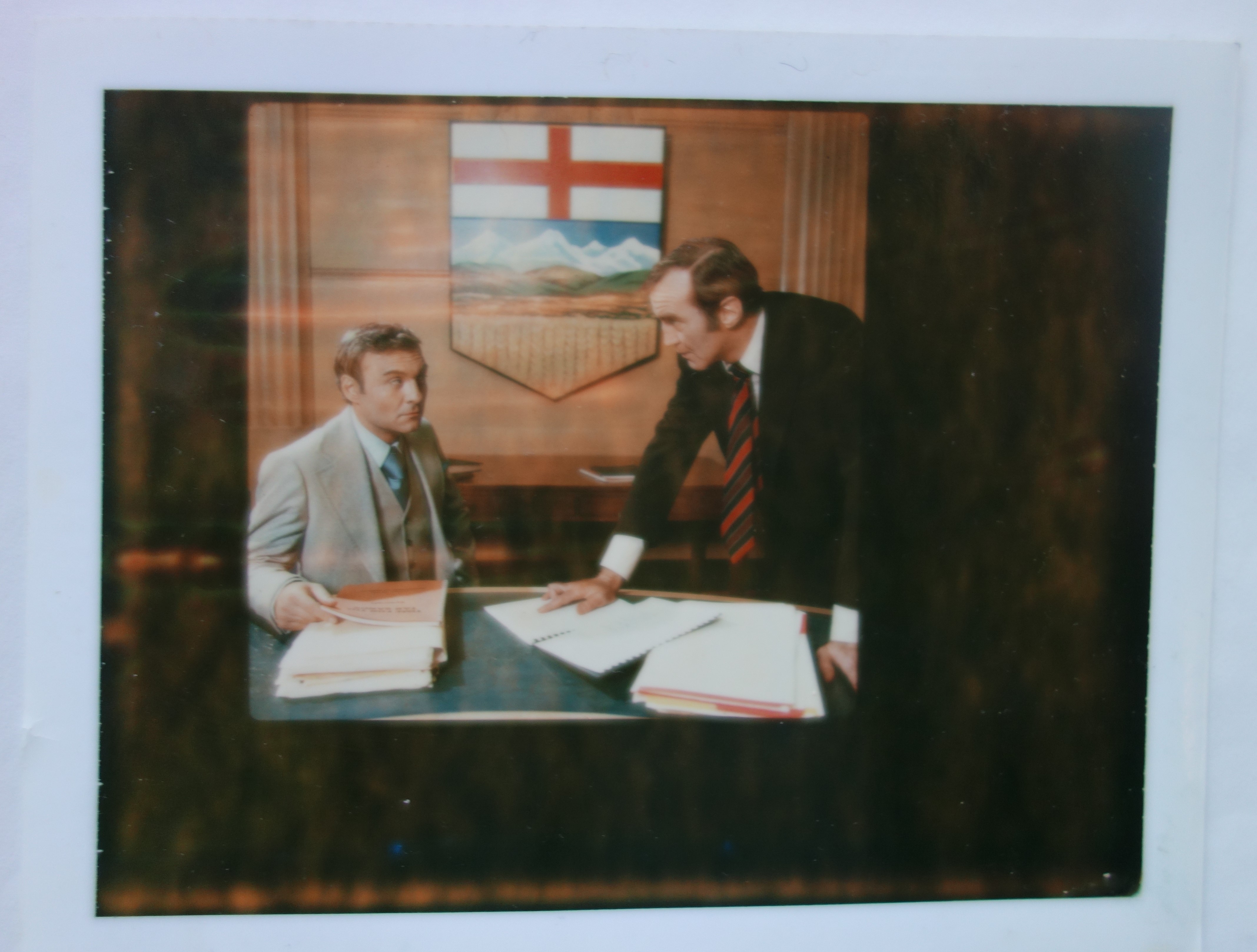 Figure 3: Peter Lougheed (Kenneth Welsh) and Willard Alexander (Ken Pogue) in The Tar Sands, 1977.