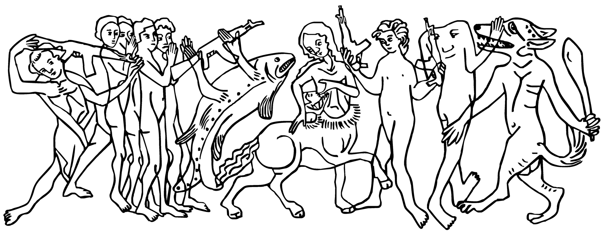 mural drawing in black and white with several half-human half-animal figures in a line also a female centaur